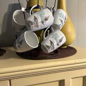 Corelle Coordinates Porcelain mugs, set of 8, white w/blue/brown/pink design.